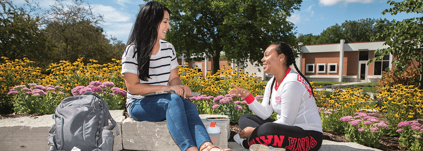two students sitting on a large rock on campus surrounded by wild flowers